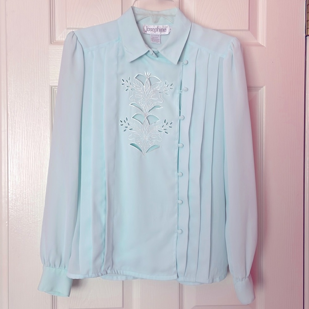 Light aqua pleated Josephine blouse with buttons and embroidery